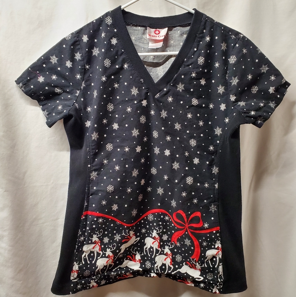 White Cross brand S scrub top Christmas theme